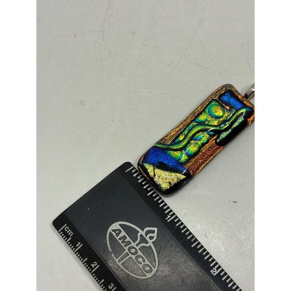 Handcrafted Dichroic Glass Pendant With Abstract Multicolor Design & Silver-Tone - Picture 4 of 5